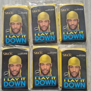 6 Pack Firstline Sleek I Lay It Down Gold Chiffon Do-Rag Hair Wrap Long Tail